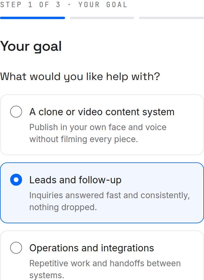 Screenshot of step one of the QS Digital project inquiry on a phone, with Leads and follow-up selected