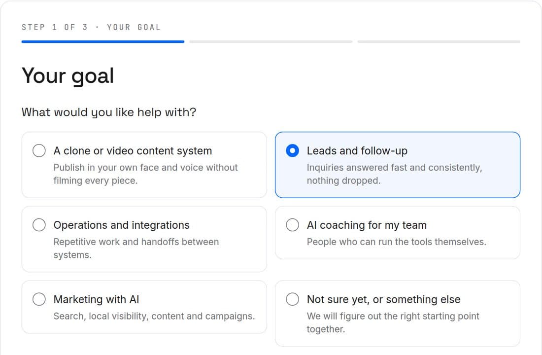 Screenshot of step one of the QS Digital project inquiry, with Leads and follow-up selected